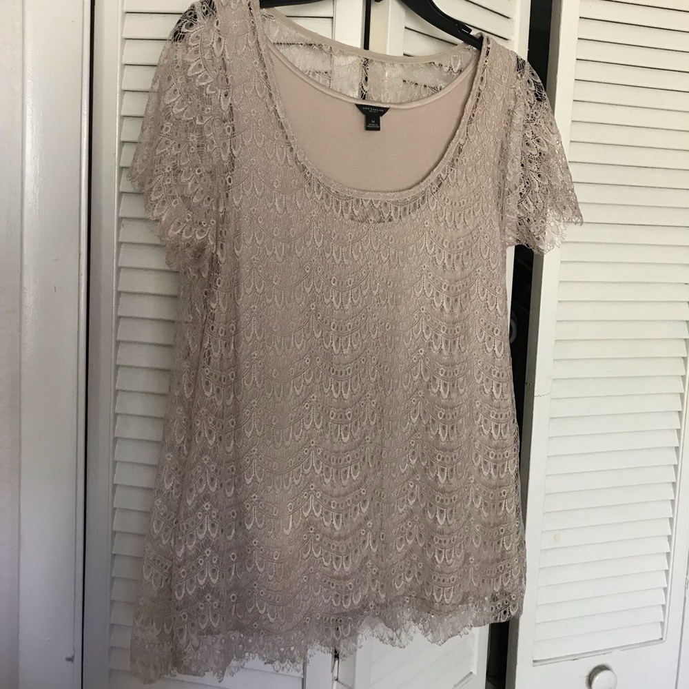 Ann Taylor Lace Detail Short Sleeve Blouse